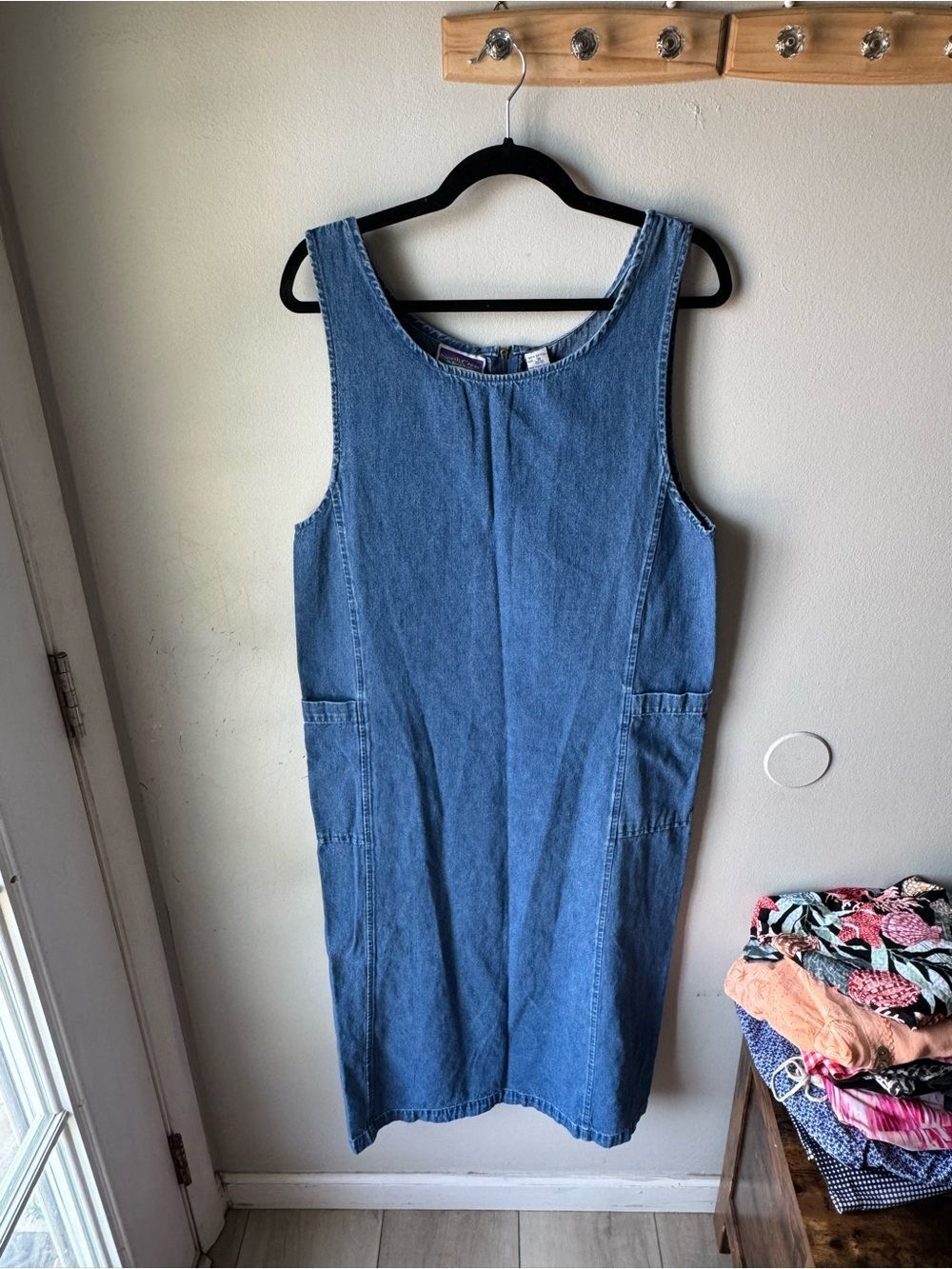 Vintage 90s North Crest Medium Wash Denim Jumper Dress Womens M Side Pockets Cot